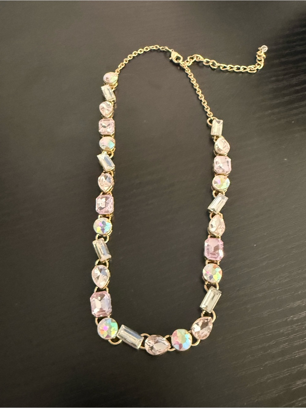 Gold Tone Pink & Aurora Borealis Crystal Necklace | Mixed-Cut Rhinestones